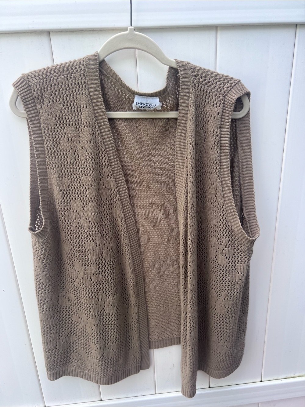 Improved Living Tan Beige Open Knit Sleeveless Cardigan Vest OS